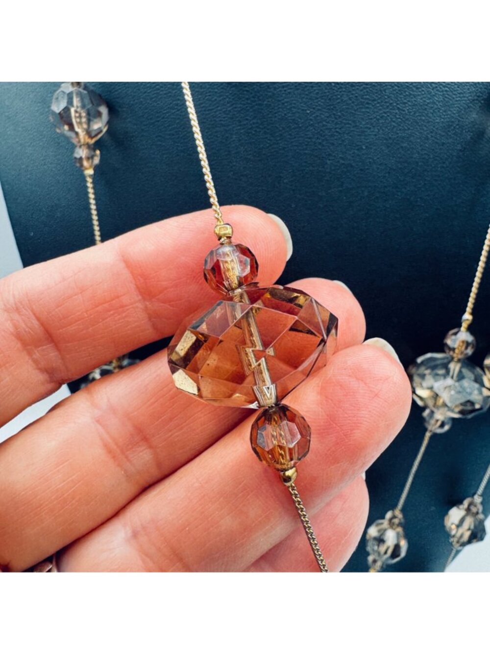 Vintage Smoky Topaz Glass Bead Station Necklace 54" 14k GP Opera Art Deco Luxury - Picture 6 of 10